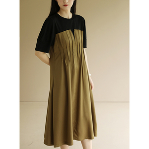 天然出品复古礼服裙两色拼接圆领短袖连衣裙收腰长裙夏季QA6351