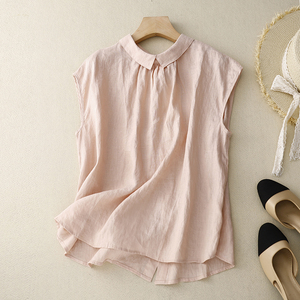 新品「邻家女孩」粉色短袖衬衫女夏季薄款日系文艺两面穿亚麻衬衣