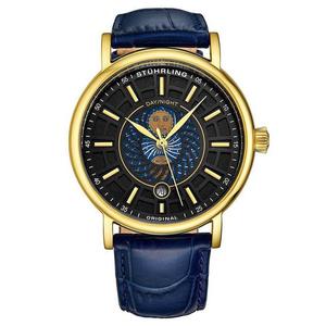 施图灵 Stuhrling 腕表新款男式大表盘蓝色皮革表带精美石英手表