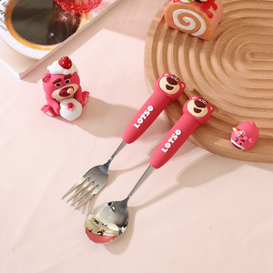 草莓熊304不锈钢勺可爱勺子叉子套装宝宝小勺子家用吃饭儿童餐勺