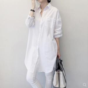 韩国2024春新款宽松bf风纯棉中长款白色衬衫女大码休闲长袖衬衣女