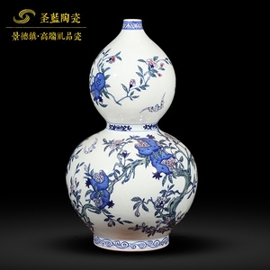景德镇陶瓷器手绘仿古青花福寿图葫芦花瓶插花中式客厅装饰品摆件