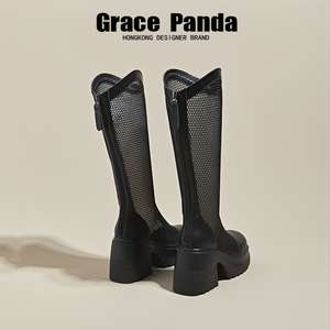 香港GPANDA2024新款夏季超高跟镂空长靴薄款厚底粗跟网纱高筒凉靴