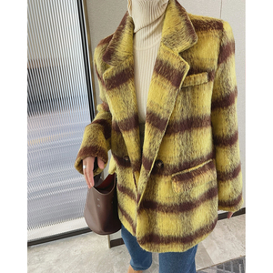 黄色格子毛呢子外套大衣女士英伦复古秋冬季新款高级时尚西装宽松