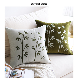 慢松球原创 绿色竹子绣花抱枕 中式复古风纯棉丝绒沙发客厅靠垫