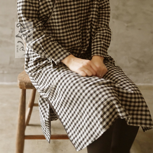 【1930往事】格纹棉质旗袍怀旧复古文艺连衣裙格子长袖春装女新品