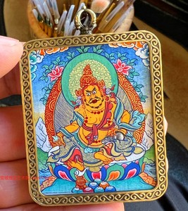 西藏唐卡画矿物颜料扎基拉姆【黄财神】热贡手绘迷你绿度母佩戴画