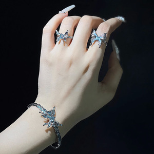 海蓝色滴釉蝴蝶手镯小众设计不规则肌理个性时尚ins戒指手环套装