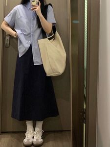 日系学院风蓝色短袖条纹衬衫高腰半身裙长裙子夏季搭配一整套女装