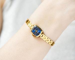 海外代购Blue◇古着复古优雅蓝色盘金色链子女士镀金机械腕表手表