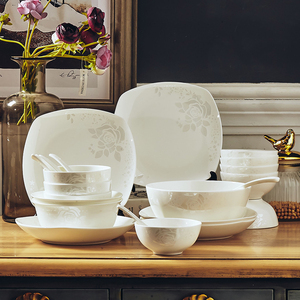 碗碟套装家用中式简约骨瓷碗盘碗具韩式清新景誉福陶瓷器28头餐具
