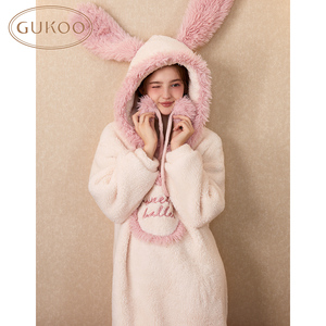GUKOO/果壳毛绒绒粉白连帽少女可爱冬款家居服兔耳睡裙可外穿