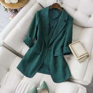 衬托气质的祖母绿棉麻高端定制日系小西服外套修身精品女士西装春