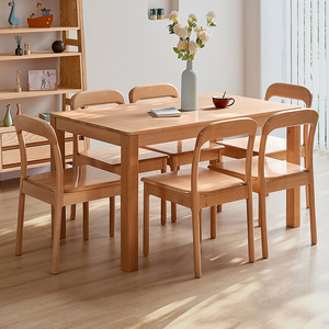 榉木全实木餐桌简约现代家用饭桌北欧原木色桌子客厅长桌餐椅组合
