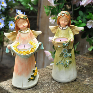 外贸乡村田园仿木手工彩绘天使女孩烛台树脂摆件花园露台庭院装饰