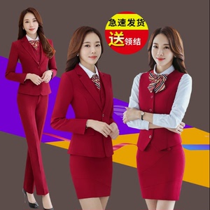 空姐制服美容师酒店工服时尚气质马甲职业套装女五件套红色套裤女