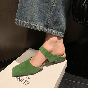 贩卖绿色~复古chic绒面一字带包头半拖鞋女夏外穿法式方头穆勒鞋