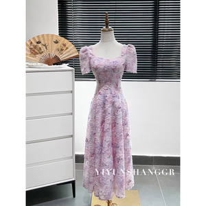 紫色复古蝴蝶印花连衣裙女夏季长裙法式富家千金气质高端礼服裙子