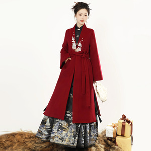 秋冬款黑红色外套女复古新中式汉元素大衣收腰中长款外套配马面裙