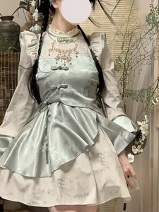 新中式国风改良旗袍竹杳lolita绿色连衣裙洛丽塔可爱蓬蓬公主裙
