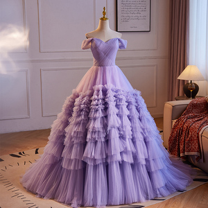 紫色仙气晚礼服裙女钢琴演奏蓬蓬裙一字肩高贵公主旅拍摄影轻婚纱