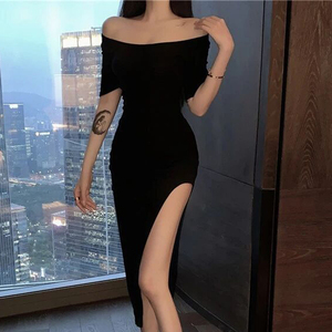 韩国2024夏季新款短袖连衣裙女中长款气质开叉性感收腰显瘦包臀裙