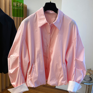 2024新款韩版宽松高级感洋气粉色花苞衬衫女春装长袖短款棉布上衣