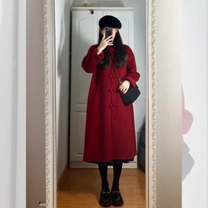 红色中国风高端双面羊绒大衣女2023新款小个子中长款羊毛呢子外套