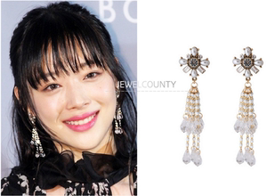 韩国正品代购jewelry county崔雪莉同款珍珠流苏水晶花朵耳环