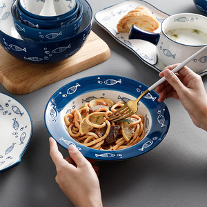 日式家用早餐陶瓷餐具吃饭米饭碗汤面碗盘子碟创意个性小鱼儿套装
