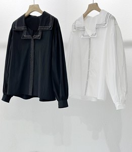 GR出口韩国原单新款刺绣装饰双层领减领时尚百搭长袖衬衫黑白