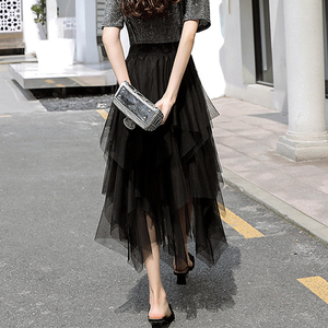 韩国设计感夏季新款不规则蛋糕网纱裙长款设计感小众垂感半身裙子