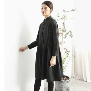 秋季韩版长袖黑色衬衫裙纯棉洋气设计感小众中长款宽松大码衬衣女