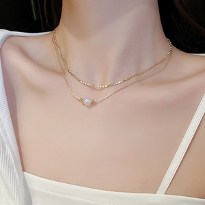 彩光人鱼姬珍珠链条多层项链韩国复古设计感锁骨链时尚气质项饰品