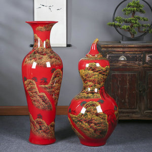 景德镇陶瓷器落地大花瓶红色国画山水大葫芦中式书房居家客厅摆设