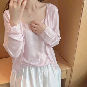 JUJU韩国代购 柔软超细羊毛针织开衫吊带套装春夏温油奶油色
