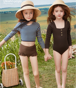 韩国代购女童分体游泳衣新款中大童长袖比基尼防晒木耳边女孩泳装