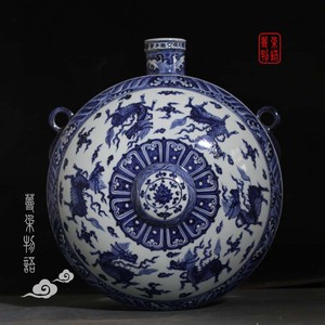 青花瓷器扁瓶 宣德青花壁挂花瓶 海水瑞兽瓷器壁挂花瓶 麒麟