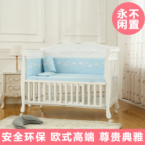 宝利源婴儿床实木白色欧式多功能可变书桌童床bb床宝宝床，9成