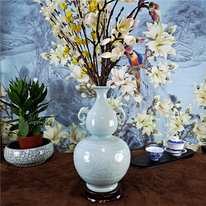 景德镇陶瓷花瓶家居饰品青瓷收藏摆件仿古瓷器宝葫芦手工雕刻艺术