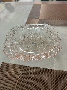 日本Toyo粉色切子三足玻璃托盘方形精致果子钵烟皿