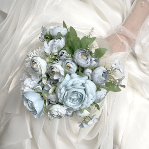 手捧花新娘结婚婚礼婚纱摄影拍照道具浅蓝色小清新玫瑰仿真花束