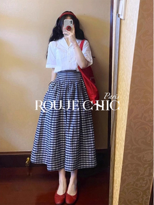 法国Rouje Chic2024新款减龄两件套装裙子女夏时尚小众格子半身裙