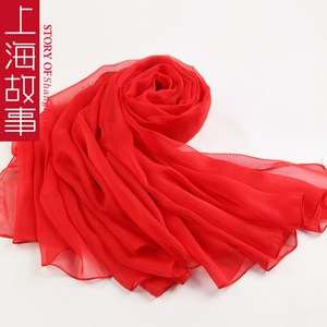 上海故事红色丝巾女秋款雪纺丝巾百搭长条围巾纱巾披肩外搭