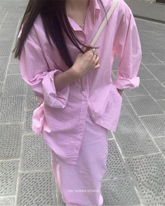 YAY 韩国东大门代购 新出粉色少女条纹宽松长袖衬衫+半身长裙套装