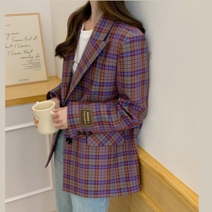 2024春新款韩版宽松减龄高级感西服超好看复古紫色格纹西装外套女