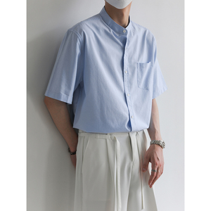 ZPZ夏季上衣新中式纯色短袖衬衫 男士高级感韩系纯棉半袖立领衬衣