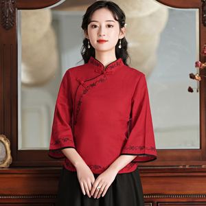 红色新中式上衣女大码民国风复古刺绣旗袍唐装茶艺服中国风棉麻衫