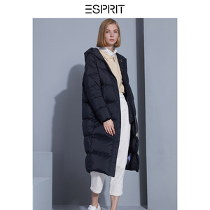ESPRIT2019新品冬纯色90%灰鸭绒中长款连帽羽绒服女