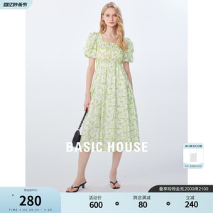 Basic House/百家好泡泡袖绿色连衣裙女夏季新款印花方领裙子